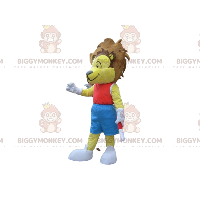 Traje de mascote BIGGYMONKEY™ de leão amarelo em roupas