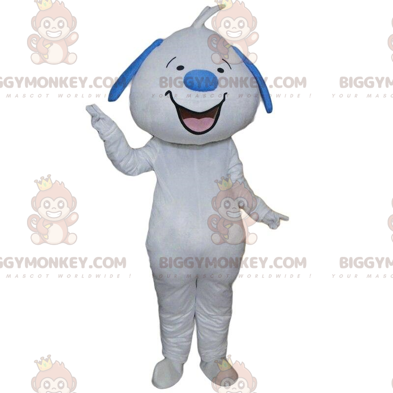 Kostium maskotki uśmiechniętego biało-niebieskiego psa