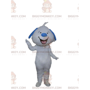 Kostium maskotki uśmiechniętego biało-niebieskiego psa