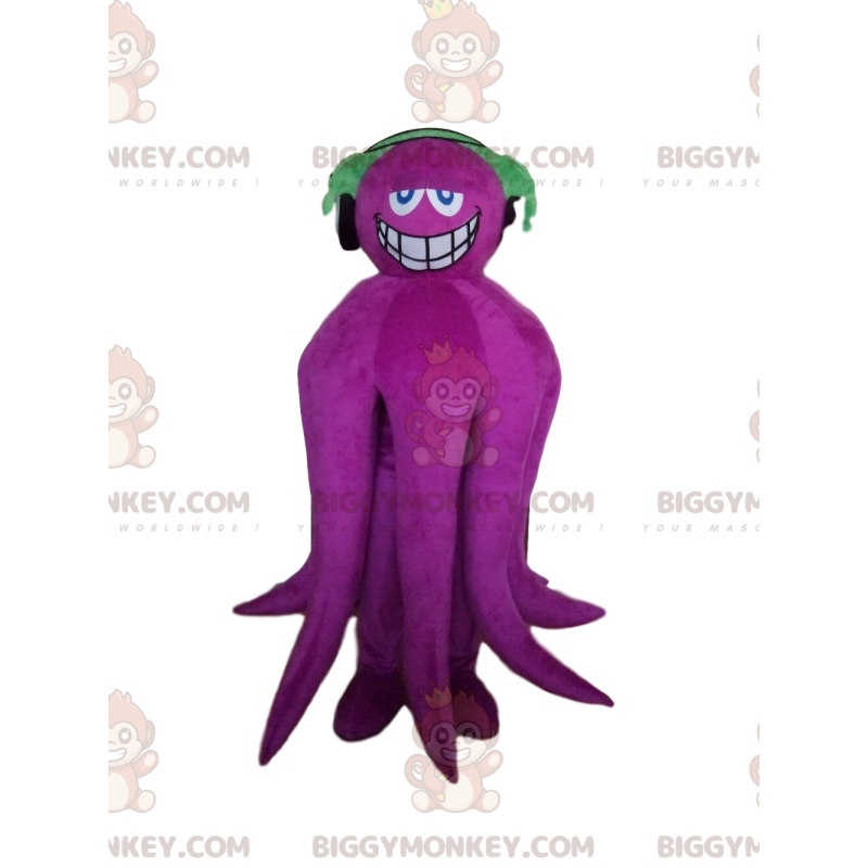 BIGGYMONKEY™ lächelndes lila Oktopus-Maskottchen-Kostüm mit