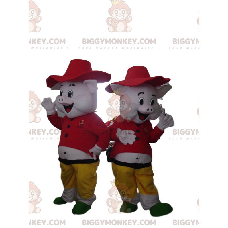 2 mascotes BIGGYMONKEY™s de porcos do desenho "Os 3 porquinhos"