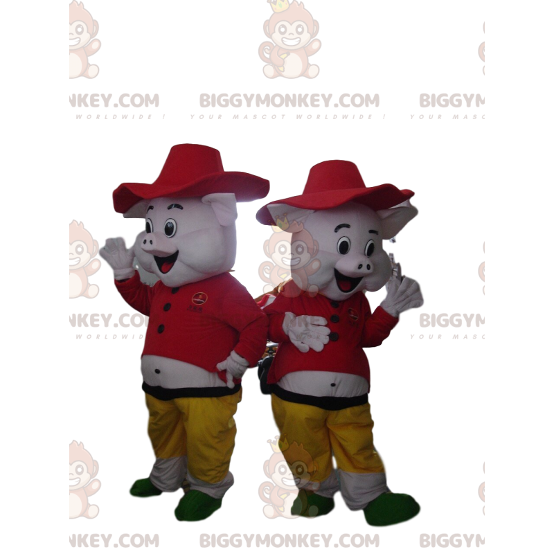 2 mascotte BIGGYMONKEY's van varkens uit de tekenfilm "De 3