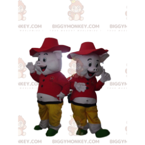 2 mascotes BIGGYMONKEY™s de porcos do desenho "Os 3 porquinhos"