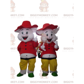 2 mascotes BIGGYMONKEY™s de porcos do desenho "Os 3 porquinhos"