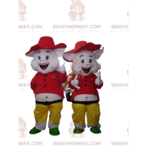 2 mascotte BIGGYMONKEY™s di maiali dal cartone animato "I 3