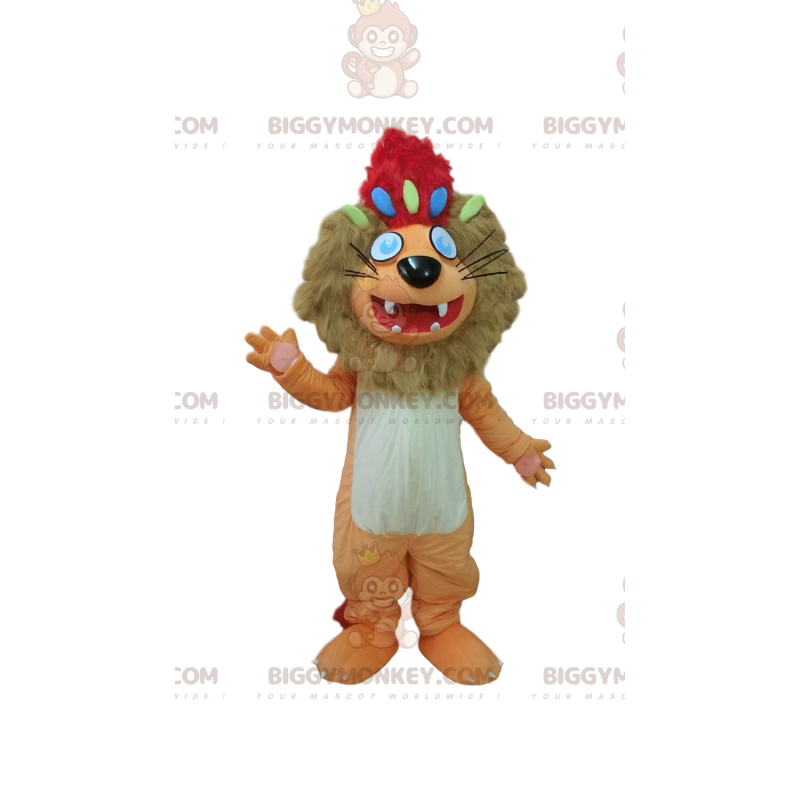 BIGGYMONKEY™ Mascottekostuum Bruine en witte leeuw met rood