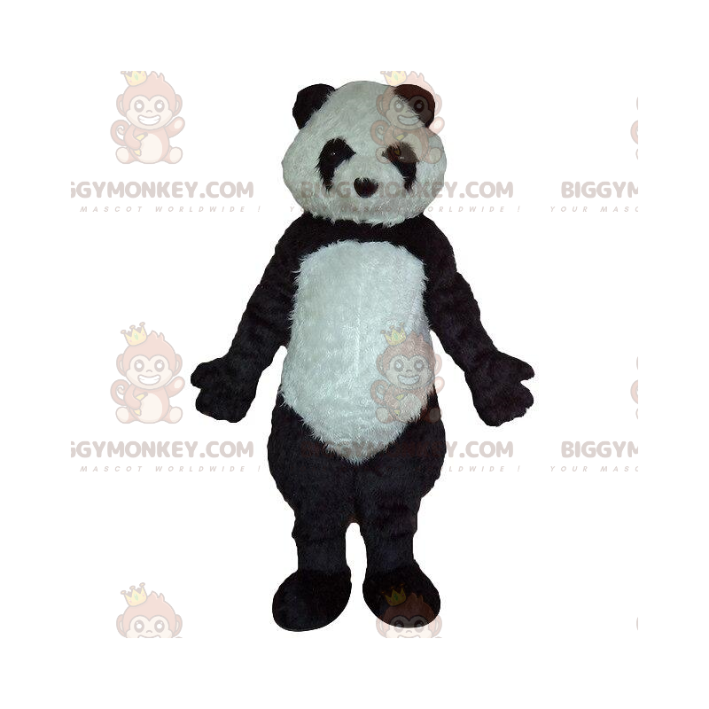 Traje de mascote BIGGYMONKEY™ panda preto e branco, macio e