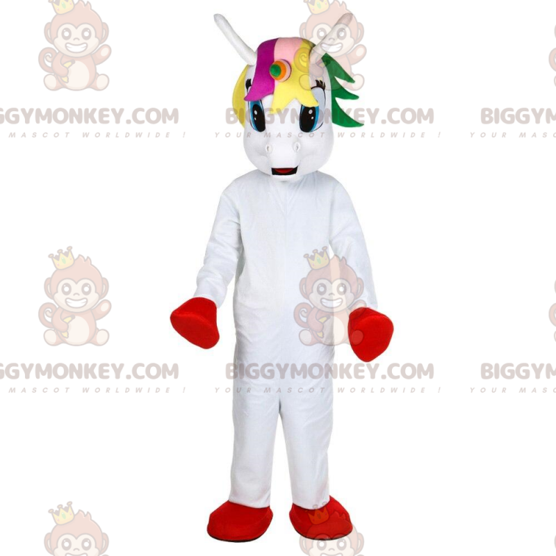 White Unicorn BIGGYMONKEY™ Mascot Costume with Colorful Head -