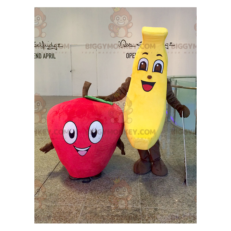 2 BIGGYMONKEY™s mascots: a yellow banana and a red strawberry -