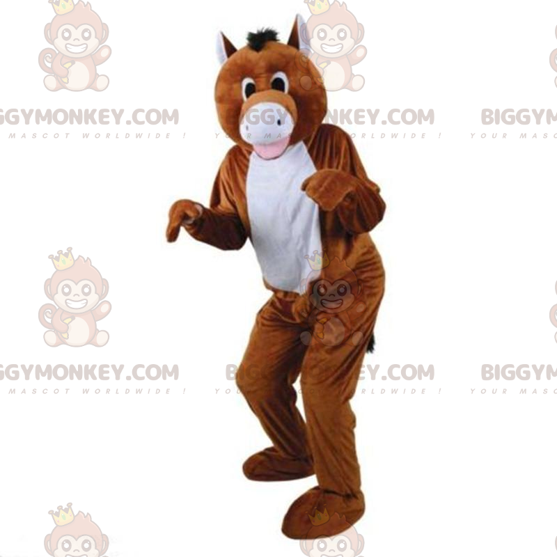 Traje de mascote BIGGYMONKEY™ de cavalo marrom e branco, traje