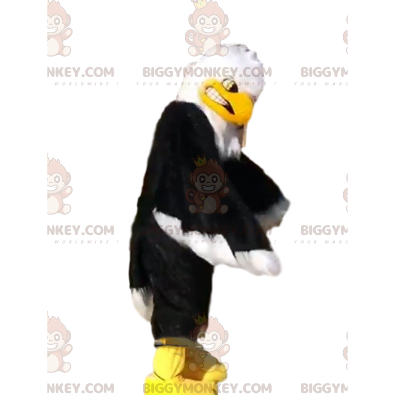 Traje de mascote BIGGYMONKEY™ águia preta, branca e amarela