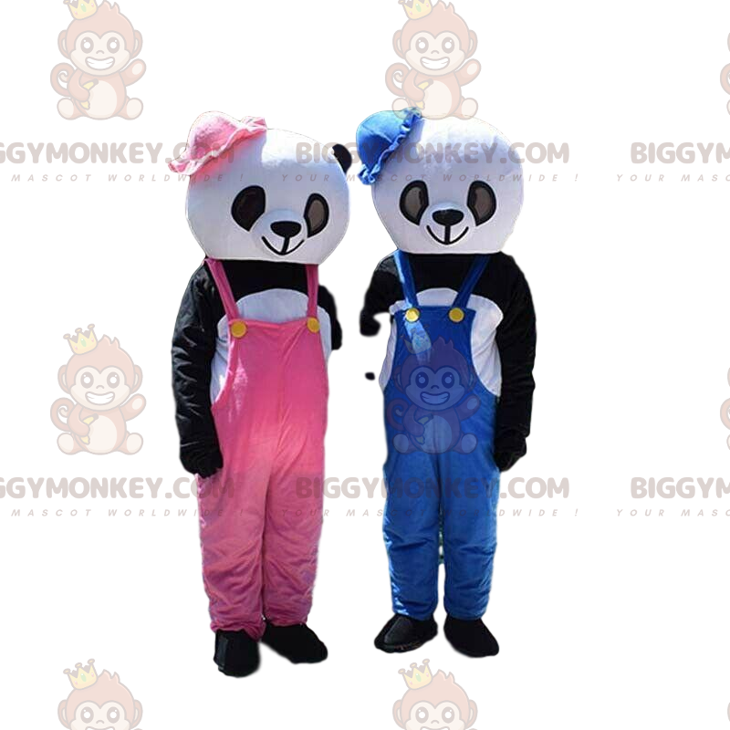 2 panda BIGGYMONKEY™:n maskottin, tytön ja pojan nallekarhuasut