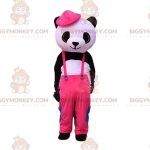 BIGGYMONKEY™ maskotdräkt av svartvit panda klädd i rosa overall