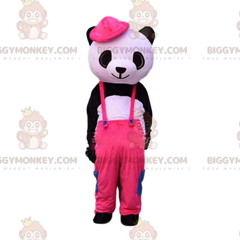 BIGGYMONKEY™ maskotdräkt av svartvit panda klädd i rosa overall
