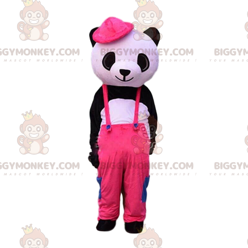 Traje de mascote BIGGYMONKEY™ de panda preto e branco vestido