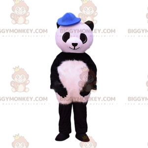 BIGGYMONKEY™ Maskotdräkt Svartvit panda med blå hatt -