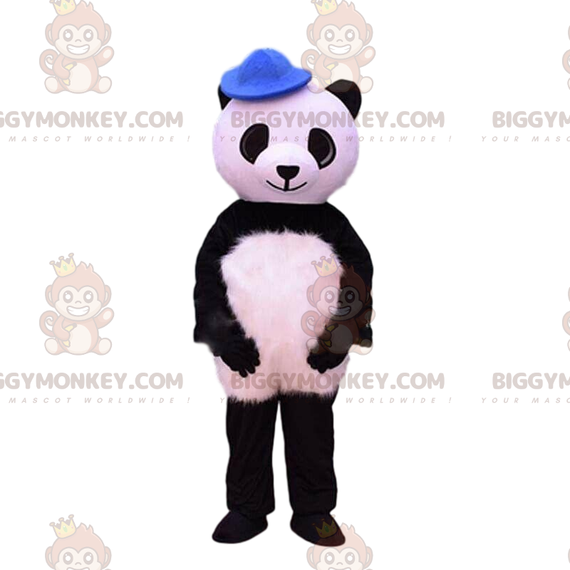 BIGGYMONKEY™ maskotkostume Sort og hvid panda med blå hat -