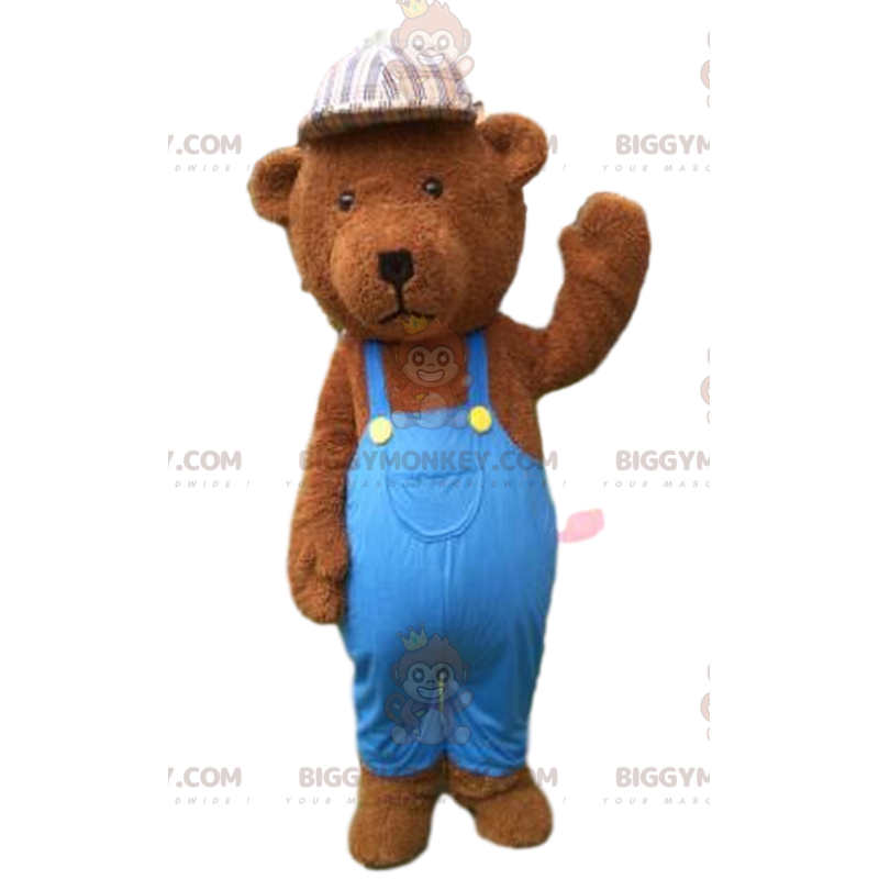 BIGGYMONKEY™ Maskottchenkostüm Brauner Teddy im blauen Teddybär