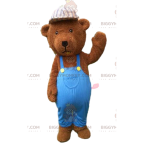 BIGGYMONKEY™ mascottekostuum bruine teddybeer gekleed in blauwe