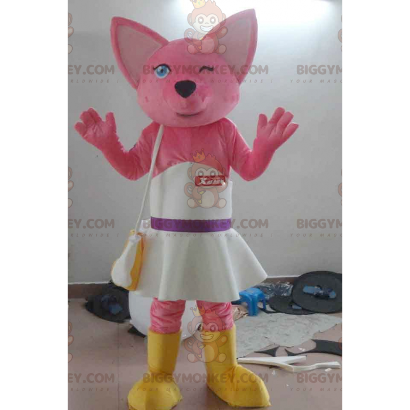 BIGGYMONKEY™ Costume da mascotte Gatto rosa con vestito bianco