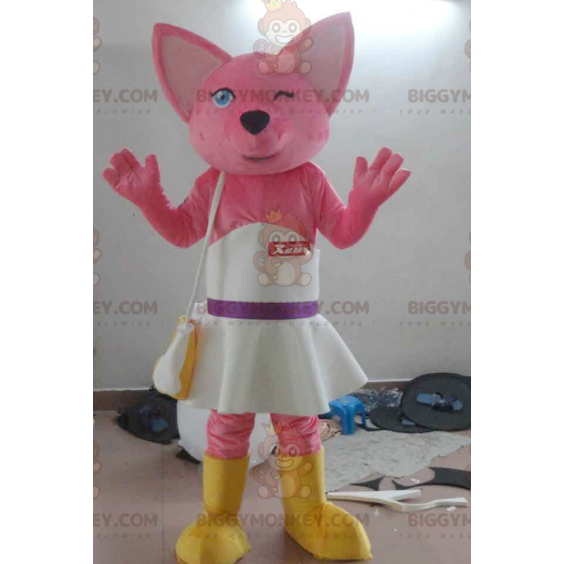 BIGGYMONKEY™ Maskottchenkostüm Rosa Katze mit weißem Kleid -