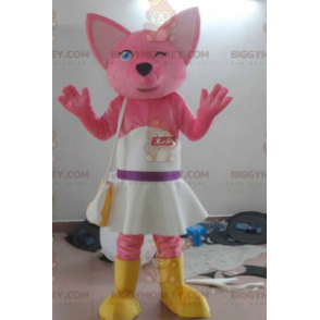 BIGGYMONKEY™ Costume da mascotte Gatto rosa con vestito bianco