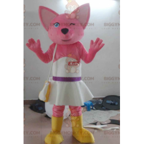 BIGGYMONKEY™ Maskottchenkostüm Rosa Katze mit weißem Kleid -