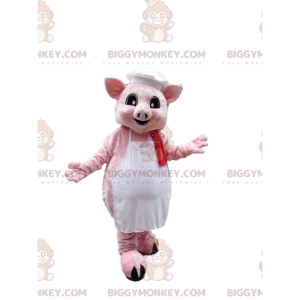 BIGGYMONKEY™ roze varken mascottekostuum gekleed in schort met