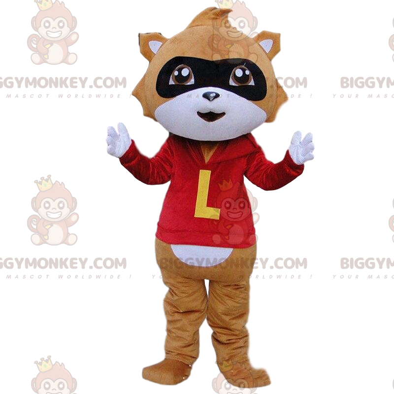 Brown and White Raccoon BIGGYMONKEY™ Mascot Costume with Red