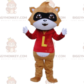 Brown and White Raccoon BIGGYMONKEY™ Mascot Costume with Red