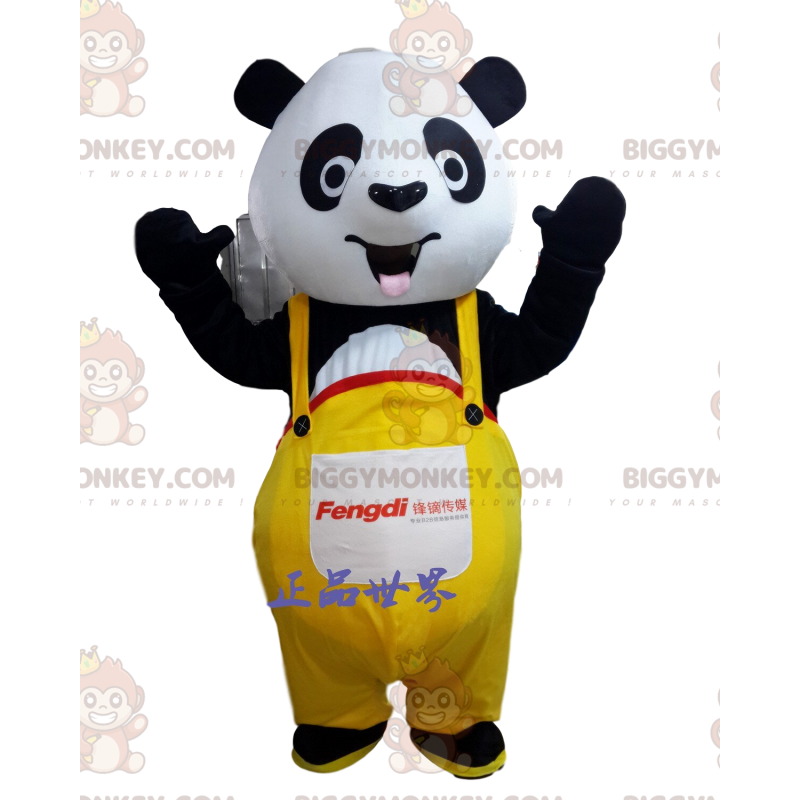 BIGGYMONKEY™ Mascottekostuum zwart-witte panda met gele overall