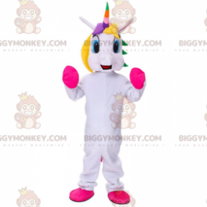 White Unicorn BIGGYMONKEY™ Mascot Costume with Multicolor Mane