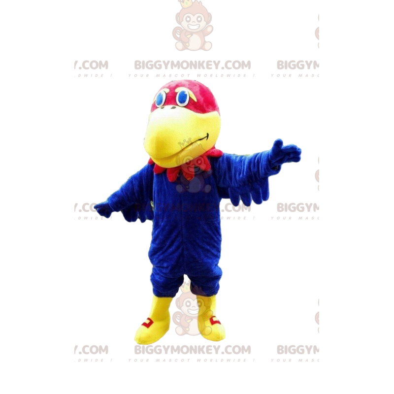 Traje de mascote BIGGYMONKEY™ papagaio azul e vermelho, traje