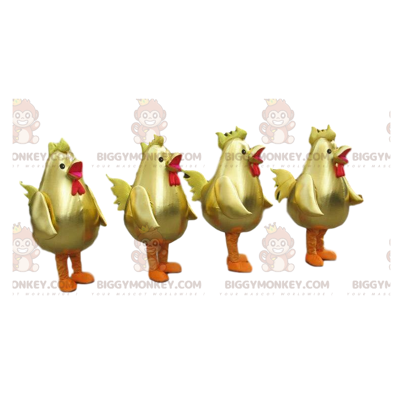 4 mascottes BIGGYMONKEY™ de coqs dorés, costumes de grandes