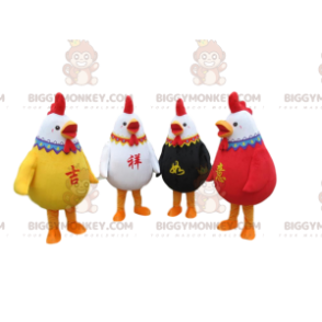 4 mascottes BIGGYMONKEY™ de coqs colorés, 4 costumes de poules