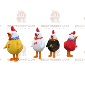 4 mascottes BIGGYMONKEY™ de coqs colorés, 4 costumes de poules