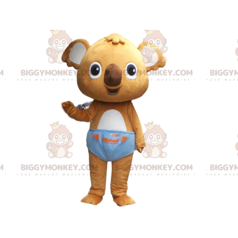 BIGGYMONKEY™ brown koala mascot costume with blue briefs, baby