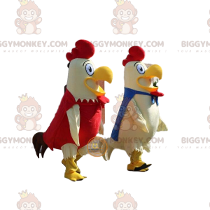 2 mascote BIGGYMONKEY™ de galos brancos, azuis e vermelhos