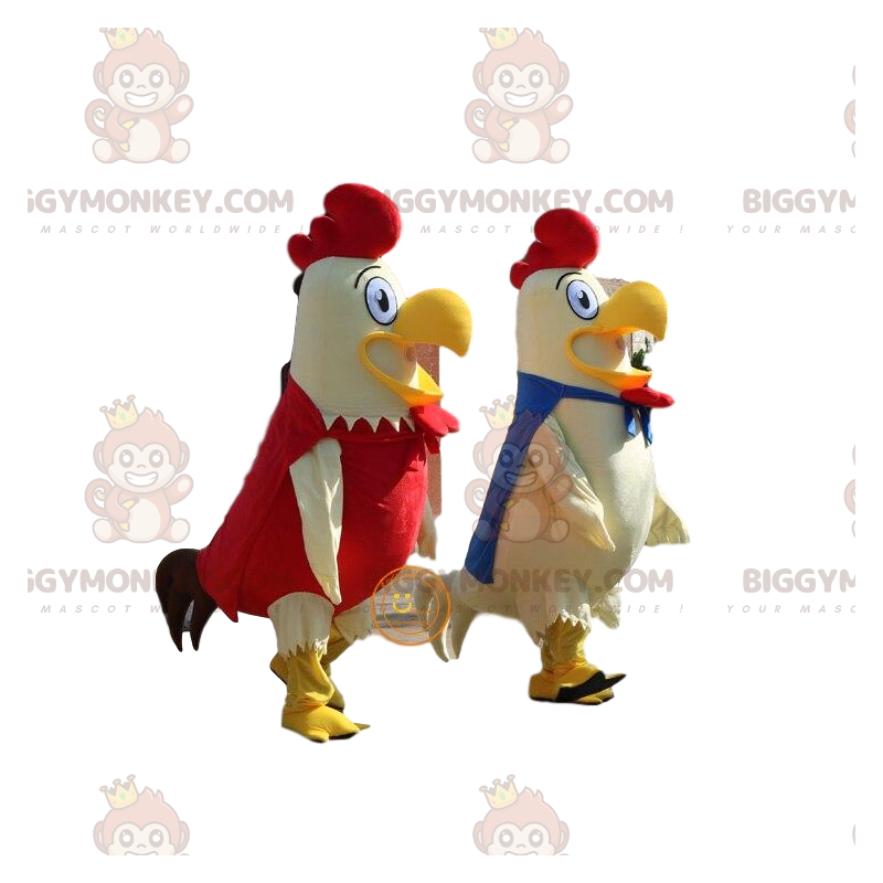 2 BIGGYMONKEY's mascotte van witte, blauwe en rode hanen