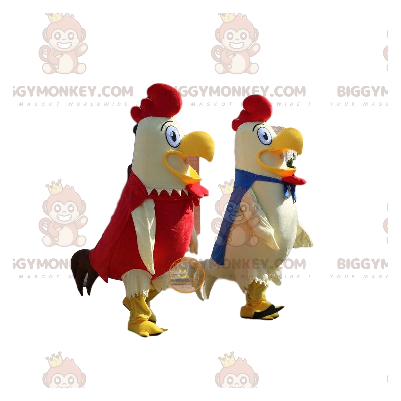 2 BIGGYMONKEY™s mascot of white, blue and red roosters, farm