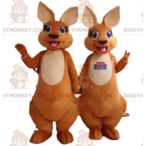 2 BIGGYMONKEY™s maskot af brune og hvide kænguruer med blå øjne