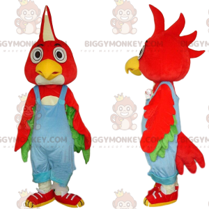 BIGGYMONKEY™ maskotdräkt Röd fågel med blå overall, färgglad
