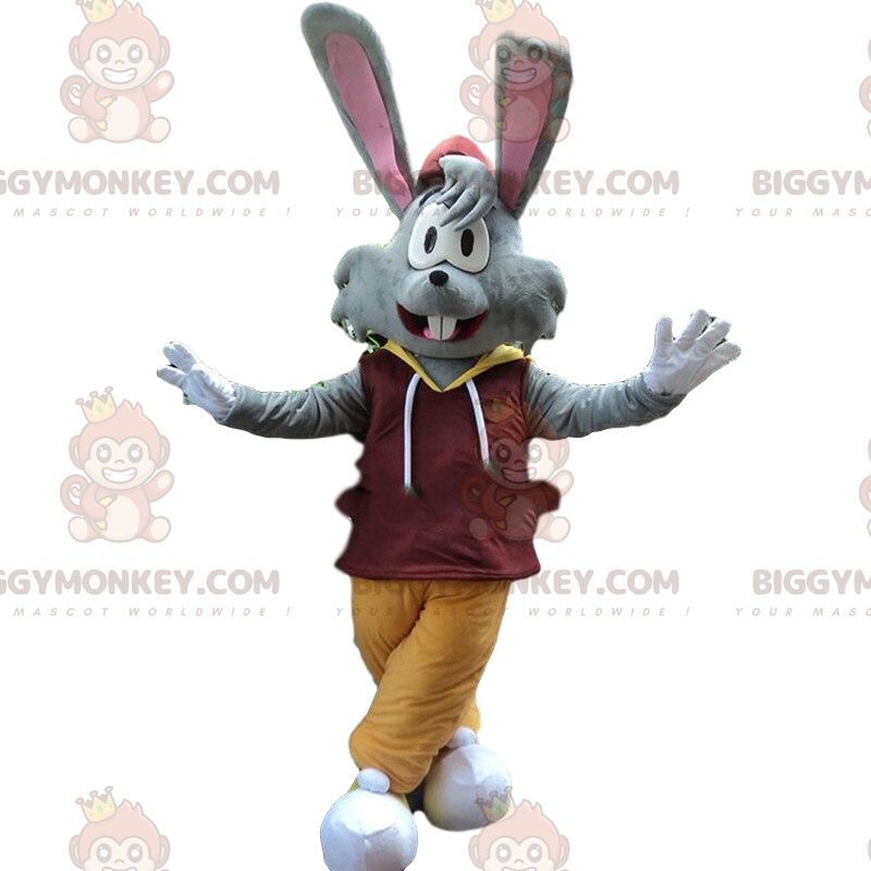 BIGGYMONKEY™ maskotdräkt grå kanin med stora öron, kanindräkt -
