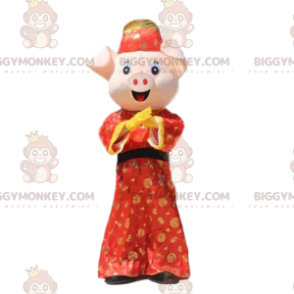 Pig BIGGYMONKEY™ Mascot Costume Dressed in Traditional Asian