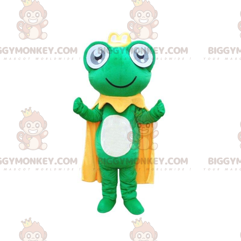 BIGGYMONKEY™ Green Frog Maskottchenkostüm mit gelbem Umhang und