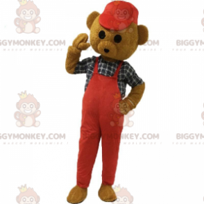 Ruskea Teddy BIGGYMONKEY™ maskottiasu punaiseen ja lippalakki -
