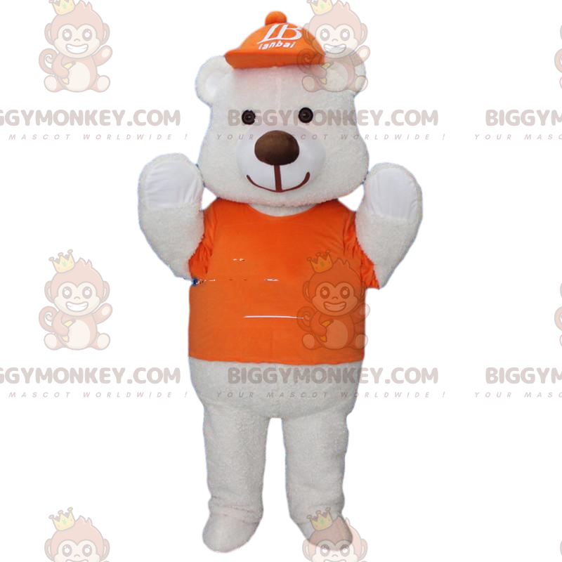 BIGGYMONKEY™ Big White Bear Mascot Costume Dressed In Orange