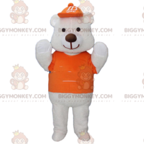 Στολή μασκότ BIGGYMONKEY™ Big White Bear ντυμένη σε πορτοκαλί