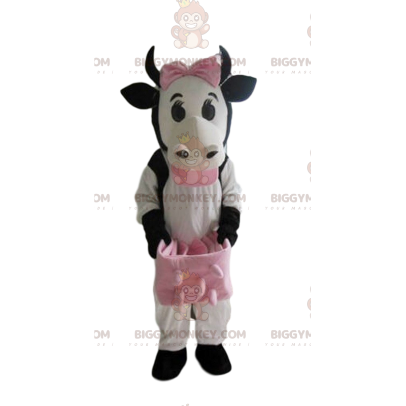 Fantasia de mascote BIGGYMONKEY™ de vaca branca, preta e rosa