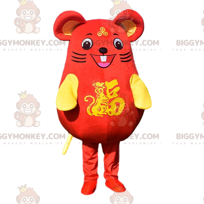 Fato de mascote BIGGYMONKEY™ de rato vermelho e amarelo muito